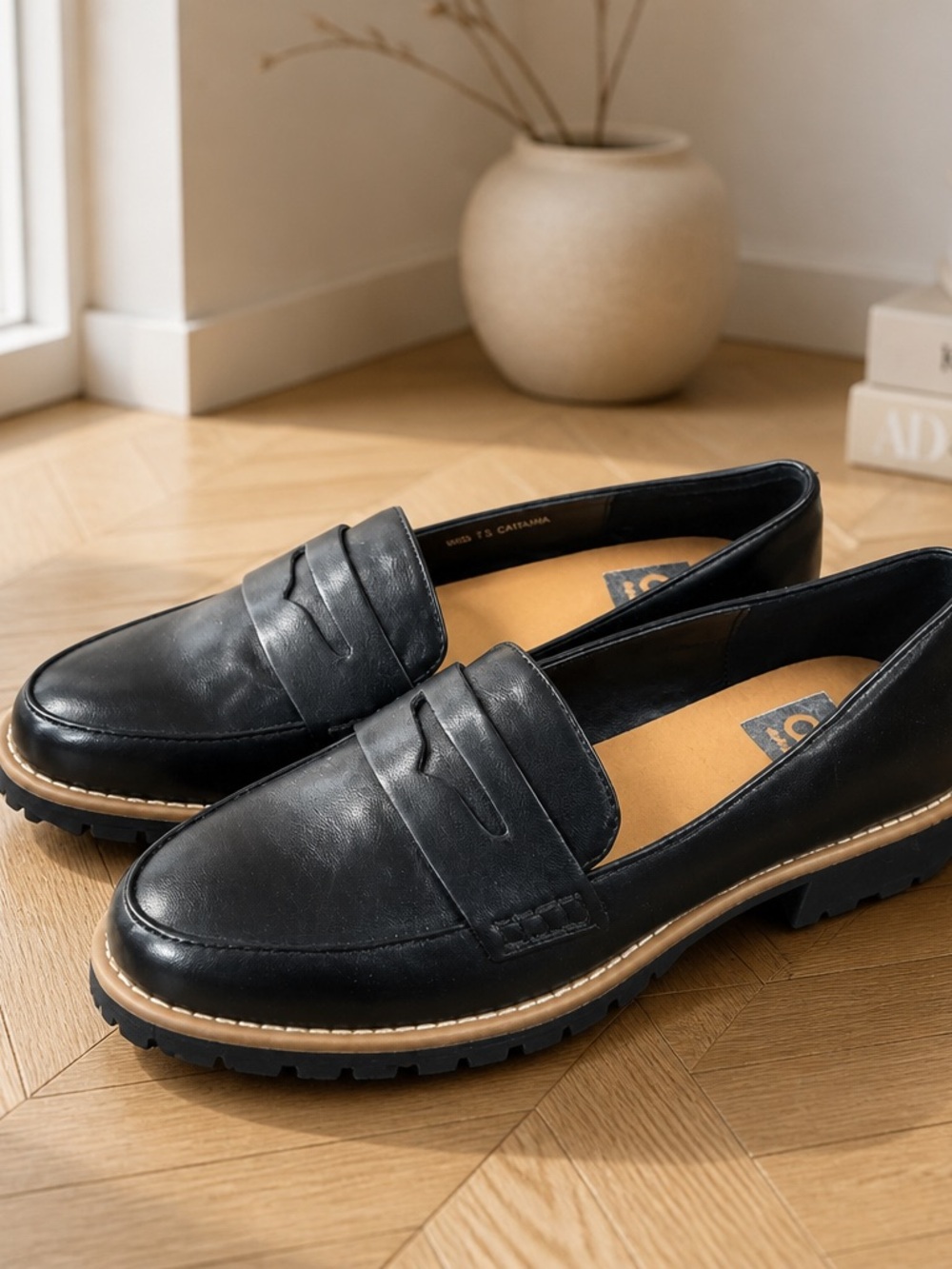 DV by Dolce Vita Black Leather Lug Sole Penny Loafers